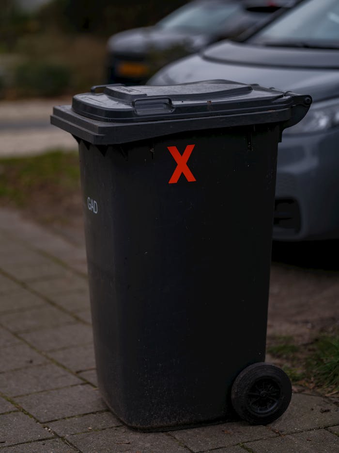 A street scene featuring a municipal garbage bin marked with a red X in Muiderberg, Netherlands.